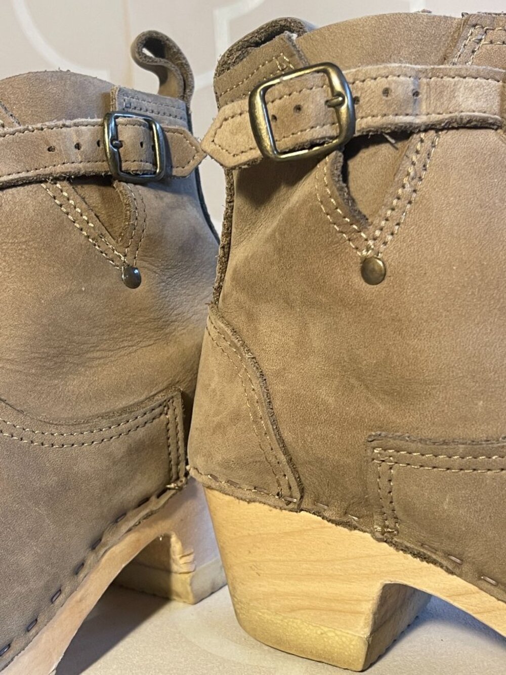No.6 Classic Biker Buckle Clog Boots — String Nubuck Leather — Wooden Heel